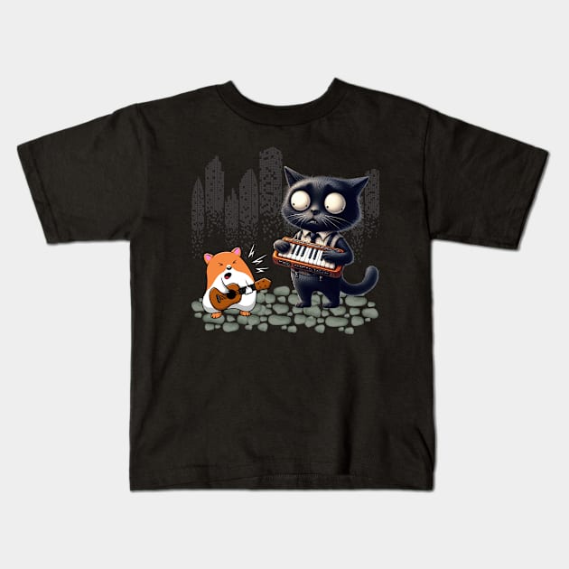 Funny Cat And Hamster Playing Keyboard And Guitar Kids T-Shirt by Positive Designer